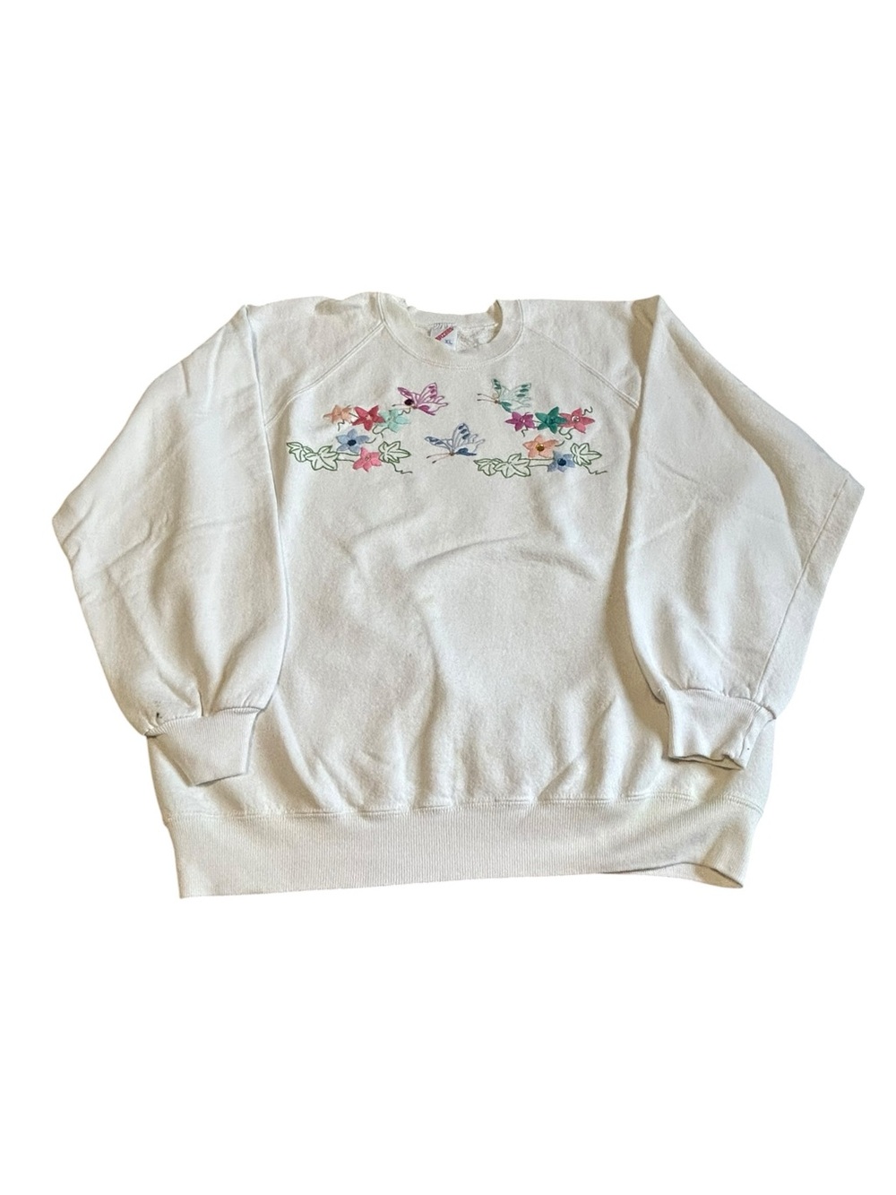 Jerzees White Crewneck Sweatshirt with Multicolor Floral & Butterfly Embroidery
